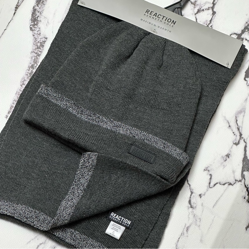 Reaction Kenneth Cole Men’s Gift Set Winter Scarf Cuffed Beanie Hat Charcoal NWT
